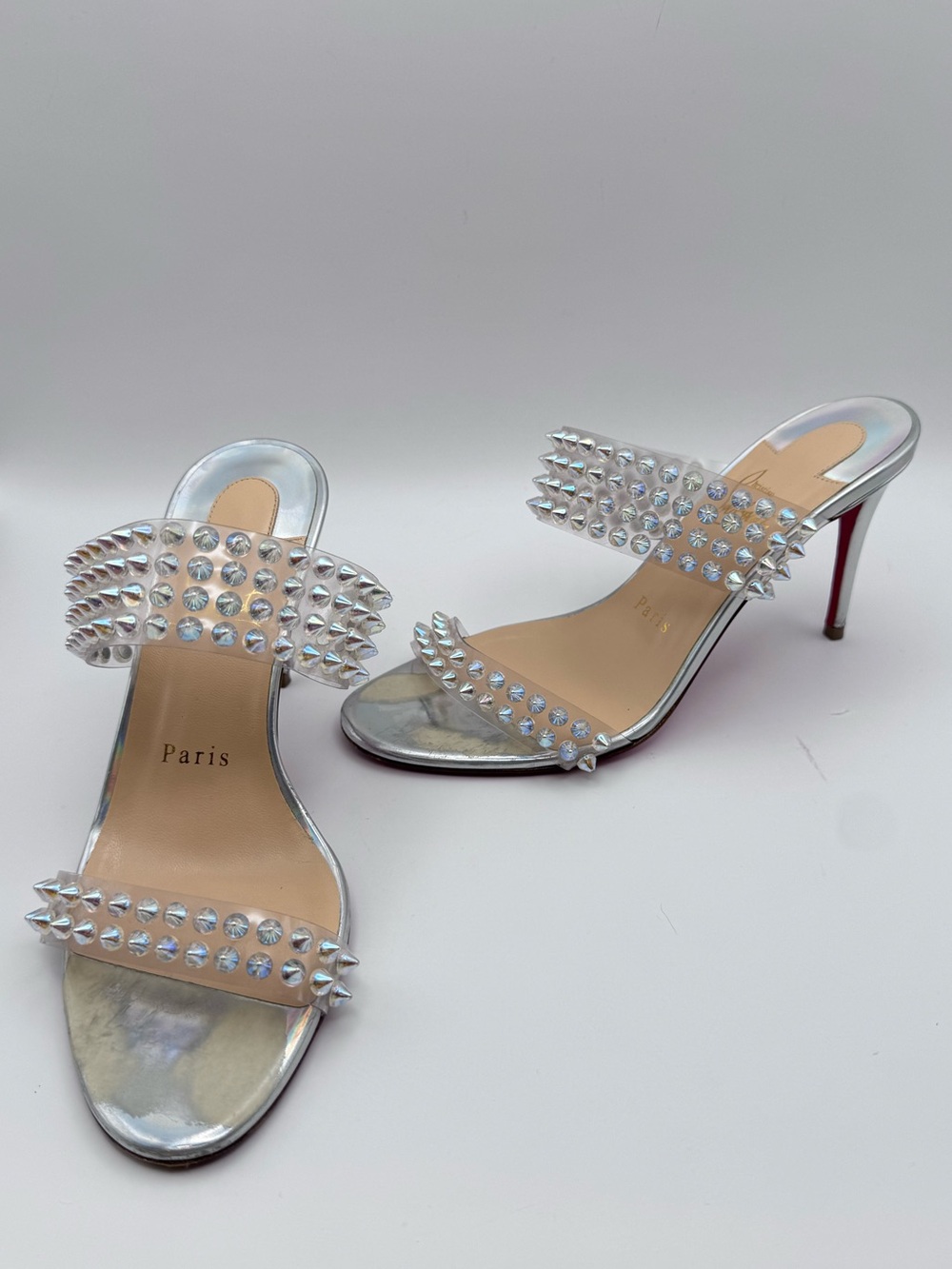 Christian Louboutin Spiked PVC Silver Red Bottom Sandals Heels Size 36